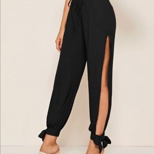 Drawstring Waist Split Thigh Knot Hem Pants